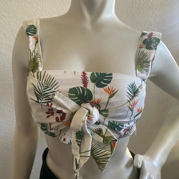 Zara Womens White Green Tropical Crop Tank Top Medium - Picture 4 of 13